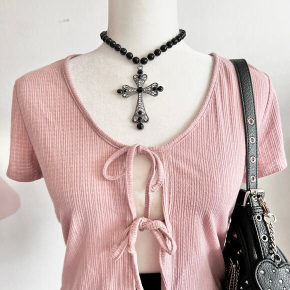 Pink Tie Front Top, Baddie, Coquette, Romantic, Festival,‎ Large, Girly - Picture 2 of 3